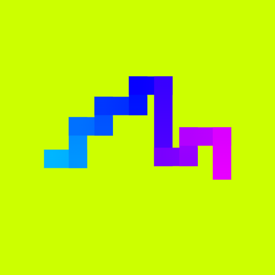 A pixelated Tetris-style piece made of blue, purple, and magenta squares arranged in an arch shape against a solid yellow-green background.