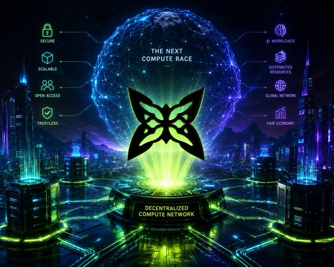 Futuristic digital graphic titled 'THE NEXT COMPUTE RACE' featuring a glowing globe, cityscape, and a 'DECENTRALIZED COMPUTE NETWORK' logo with features like SECURE, SCALABLE, and AI WORKLOADS.