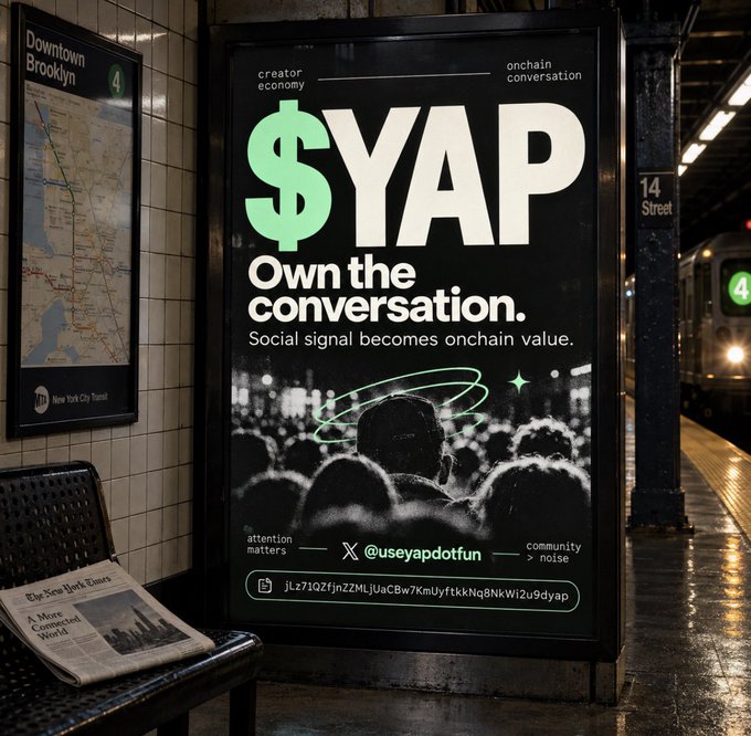 An advertisement in a subway station displays '$YAP - Own the conversation. Social signal becomes onchain value' along with an X handle '@useyapdotfun' and a long alphanumeric string.