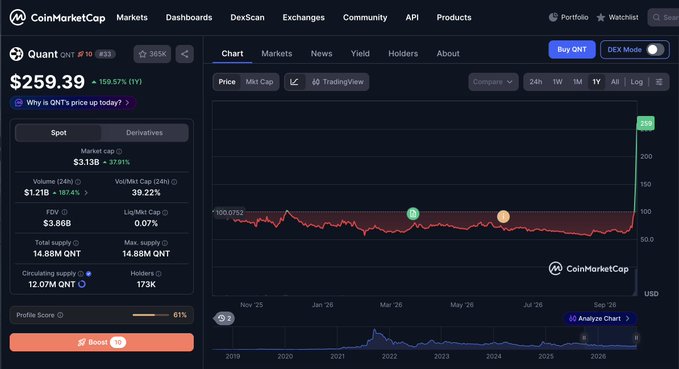 A CoinMarketCap page showing the Quant (QNT) token priced at $259.39 with a 159.57% 1Y increase and an all-time high of $426.16.