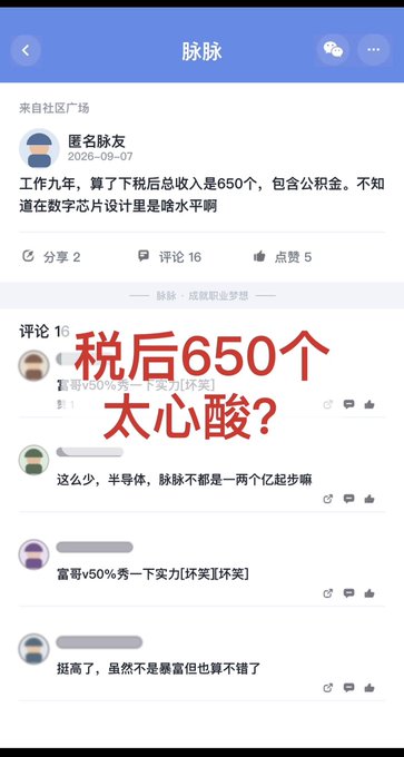 Screenshot of a Chinese social media post on 脉脉 (Maimai) where a user shares that their after-tax income from working 9 years was 650 units, with overlaid red text '税后650个 太心酸?' (After tax 650, too heartbreaking?).