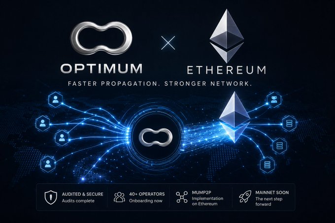 A promotional graphic for 'OPTIMUM' featuring an infinity logo and Ethereum diamond logo, with the tagline 'FASTER PROPAGATION. STRONGER NETWORK.' and icons noting audits, 40+ operators, MUMP2P, and mainnet.
