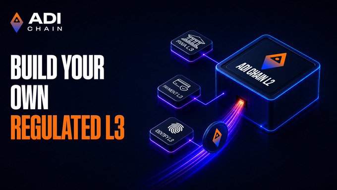 A dark blue promotional graphic for "ADI CHAIN" features the bold white and orange text "BUILD YOUR OWN REGULATED L3" alongside a 3D rendering of a central "ADI CHAIN L2" cube connected to three smaller L3 modules labeled "PRIVATE L3," "PRIVATE L3," and "IDENTITY L3." The visual illustrates the post's concept of institutions building custom Layer 3 chains with inherited security and compliance features layered on top of the ADI Chain L2 infrastructure.