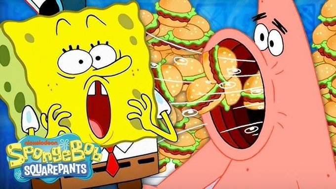 The image shows SpongeBob SquarePants screaming in panic with his mouth wide open, surrounded by massive stacks of Krabby Patties, with Patrick Star also looking wide-eyed. It humorously illustrates the post's point about severe liquidity problems in the crypto market, where a runaway memecoin like $Jimothy (growing from 6M to 50M) sucks the lifeblood from other memecoins on competing networks, causing panic sell-offs across the board.
