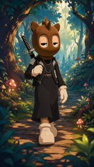 An animated anthropomorphic panda character wearing a black ninja outfit and carrying a katana on its back walks through a lush, sunlit forest path.