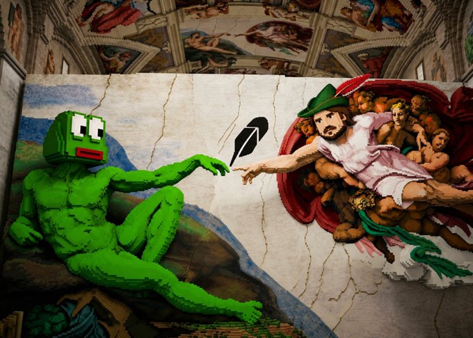 A digital art parody of Michelangelo's "Creation of Adam" fresco, featuring a green pixelated humanoid figure touching hands with a classical figure surrounded by cherubs.