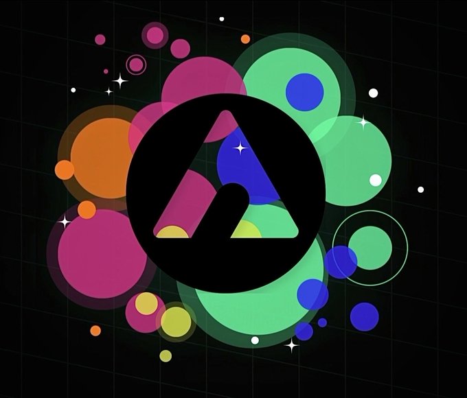 A stylized logo featuring a black triangular symbol surrounded by overlapping colorful translucent circles in green, pink, orange, and blue on a dark background.