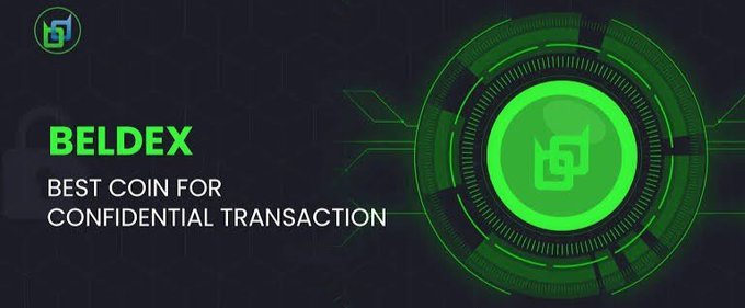 A dark promotional graphic with green neon accents displays 'BELDEX' with the tagline 'BEST COIN FOR CONFIDENTIAL TRANSACTION' alongside a glowing green circular logo featuring a padlock icon.