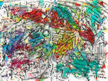An abstract mixed-media artwork featuring colorful scribbles, paint splatters, and collage elements in red, blue, green, and yellow against a textured background.