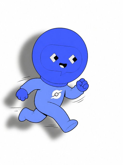 A cartoon illustration of a cute blue astronaut-like character with a large round helmet, running cheerfully, with a circular logo on its chest.