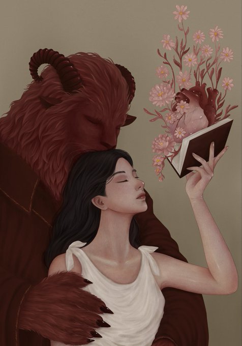 A large beast-like figure embraces a young woman with flowing dark hair, who peacefully holds up a book from which blooms a whimsical cascade of pink flowers and a sleeping cherub. The illustration, titled "Between Pages, We Bloom" by @Crip2DaX for a Beauty and the Beast challenge, visually captures the post's message about discovering hidden beauty beyond initial appearances.