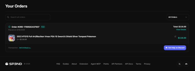 An order details page showing a placed order for a "2022 #TG15 Full Art Blaziken Vmax PSA 10 Sword & Shield Silver Tempest Pokemon" with a total of $116.00, from a site branded with "SP3ND".