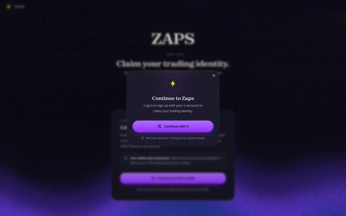 A dark-themed login page for 'ZAPS' displays the tagline 'Claim your trading identity' with a popup prompting 'Continue to ZAPS' via an 'X' (Twitter) login option.