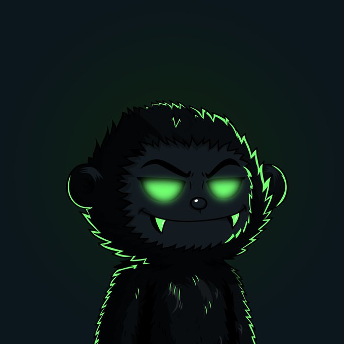 A stylized illustration of a black monkey or gorilla with glowing green eyes, fangs, and green highlights on dark fur.
