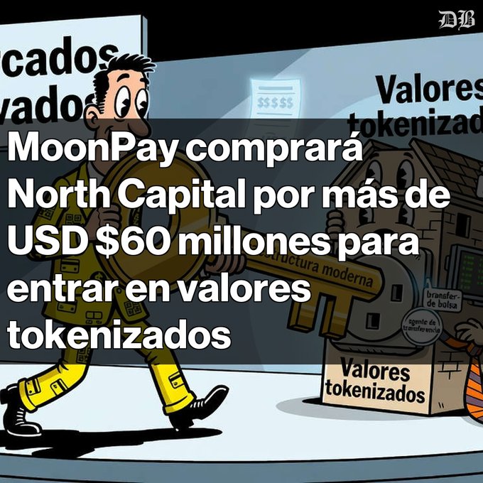 A cartoon character carrying a giant key approaches a house labeled "Valores tokenizados," with text overlay reading "MoonPay comprará North Capital por más de USD $60 millones para entrar en valores tokenizados."