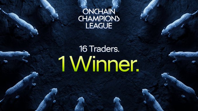 A promotional graphic for 'ONCHAIN CHAMPIONS LEAGUE' features the text '16 Traders. 1 Winner.' surrounded by 16 snow leopards arranged in a circle against a dark textured background.
