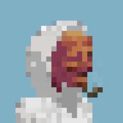 A pixel art style image showing a character in profile wearing a white hood with a red/orange face covering, holding what appears to be a cigarette against a light blue background.