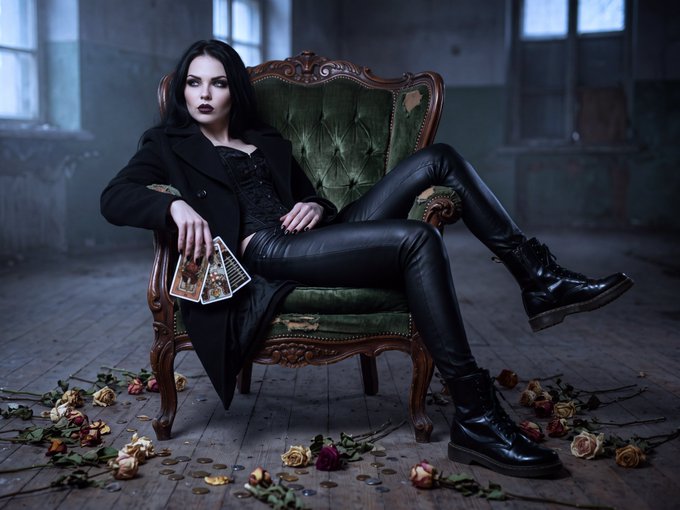 A woman in a black coat and leather pants sits in an ornate green chair, holding playing cards, with scattered roses on the floor.