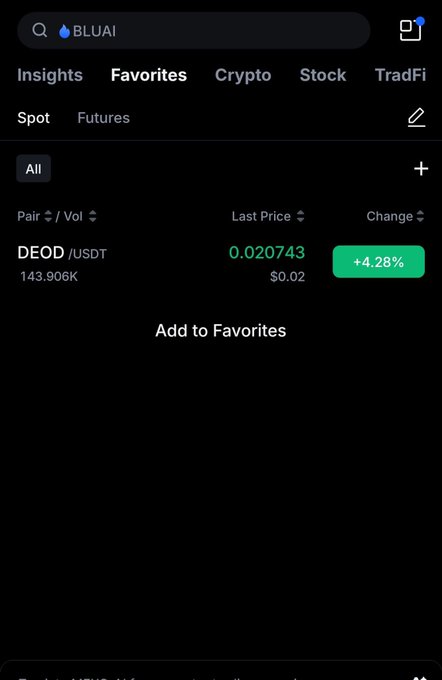 A dark-themed crypto trading app search screen for 'BLUAI' showing DEOD/USDT spot pair with a last price of 0.020743 ($0.02) and a +4.28% green change indicator.