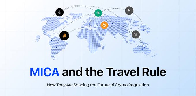A graphic titled 'MICA and the Travel Rule - How They Are Shaping the Future of Crypto Regulation' featuring a dotted world map with cryptocurrency coin icons.