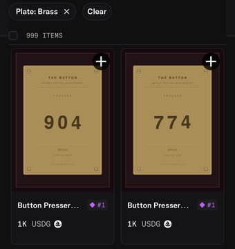 The image shows a marketplace listing for "Button Presser..." NFTs (plated in Brass, #1) priced at 1K USDG, with plate numbers 904 and 774 visible, representing the "biggest profit from degen play" where an investment turned from $1 to $1K in 3 days as highlighted in the post about NetNet's NFT collection launch.
