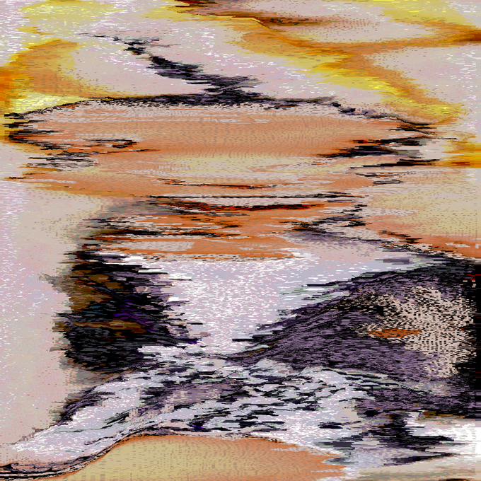 The image features a painting with an abstract style, predominantly featuring shades of brown and orange. The artwork has a unique texture that resembles water or sand, adding depth and dimension to the piece. The artist's signature can be seen at the bottom right corner of the image.