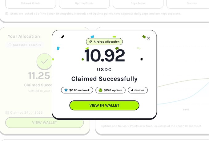 A pop-up notification showing an 'Airdrop Allocation' of 10.92 USDC claimed successfully, with details showing $0.65 network, $10.6 uptime, and 4 devices.