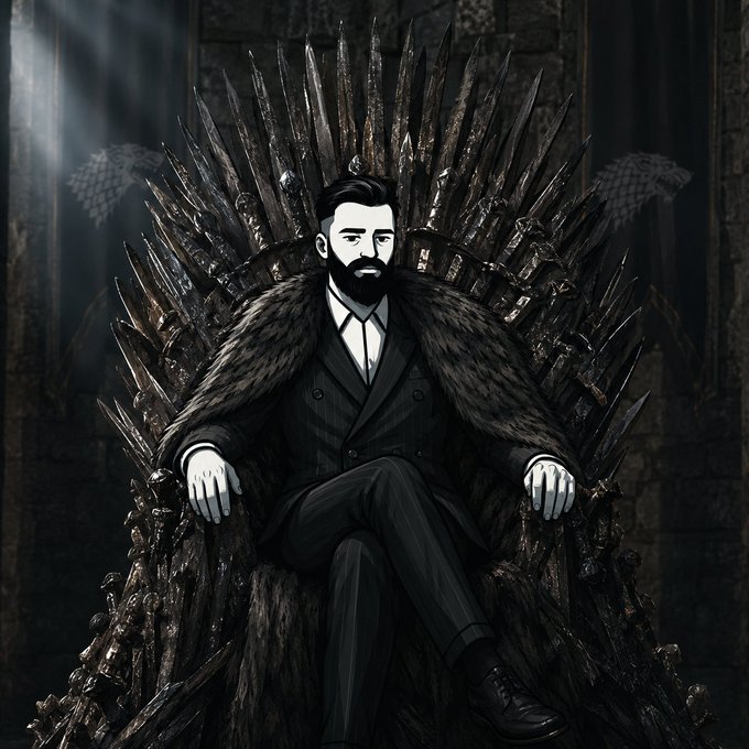 A dark, stylized illustration of a bearded man in a pinstripe suit with a fur cape, sitting on the Iron Throne from Game of Thrones.