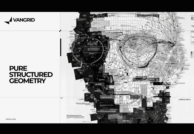 A black and white graphic design featuring a fragmented, geometric skull made of map-like pieces, with the text 'VANGRID' and 'PURE STRUCTURED GEOMETRY' on the left side and 'SPATIAL DATA' labeling.