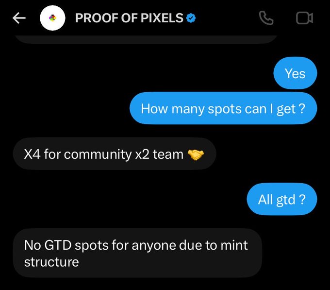 A screenshot of a Twitter DM exchange with "PROOF OF PIXELS" (verified), showing the user asking "How many spots can I get?" and being told "X4 for community x2 team 🤝", then asking "All gtd?" and receiving the response "No GTD spots for anyone due to mint structure," reflecting the post's announcement of 4 whitelist spots for a free mint giveaway.
