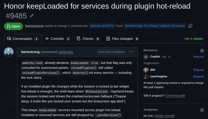 A GitHub pull request screenshot titled 'Honor keepLoaded for services during plugin hot-reload' (#9485) by barmstrong wanting to merge into omacom:quattro from barmstrong:fix/keep-loaded-services, showing discussion comments about reload plugins.
