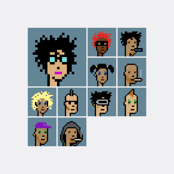 A grid of pixel-art CryptoPunk portraits displayed on a gray background, with the highlighted Punk #4092—a figure with messy black hair and blue eyes—shown in the larger top-left panel. The image visually represents the specific NFT acquired by wallet 0x479a…e3fc for Ξ36.96, with the surrounding smaller panels showcasing other punks in the collection.