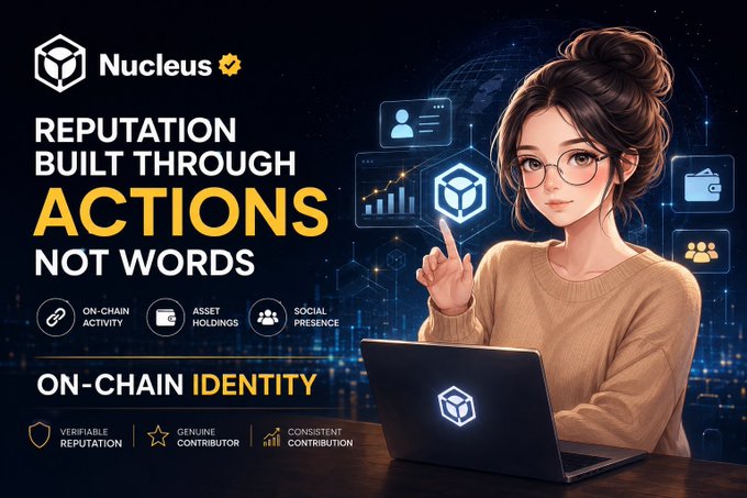 Promotional graphic for 'Nucleus' featuring an illustrated woman with glasses at a laptop, with text reading 'REPUTATION BUILT THROUGH ACTIONS NOT WORDS' and 'ON-CHAIN IDENTITY' highlighting on-chain activity, asset holdings, and social presence.