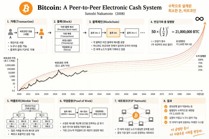 This infographic titled **"Bitcoin: A Peer-to-Peer Electronic Cash System"** references Satoshi Nakamoto's 2008 whitepaper and visually breaks down how Bitcoin works through eight labeled sections (1–8):

1. **Transaction** – Peer-to-peer transfer between users A and B, involving account transfers, wallet verification, and P2P protocols.
2. **Block** – Contains previous block hash, transaction records, timestamp, and nonce.
3. **Blockchain** – Sequential chain of blocks, each linked by hash values, making prior blocks tamper-proof.
4. **Halving & Supply Limit** – Shows the supply curve governed by the formula **50 × (1/2)ⁱ = 21,000,000 BTC**, with halving events roughly every 4 years (210,000 blocks) reducing new coin issuance (100% → 50% → 25%…), capping total supply at 21 million.
5. **Merkle Tree** – A