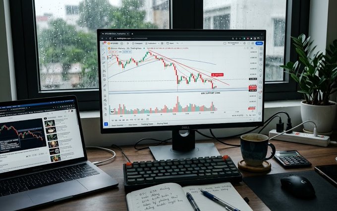 A trading setup with a large monitor displaying Bitcoin price charts with technical analysis, alongside a laptop, notebook with notes, coffee mug, and a "LIVE SUPPORT ZONE" marker on the chart.