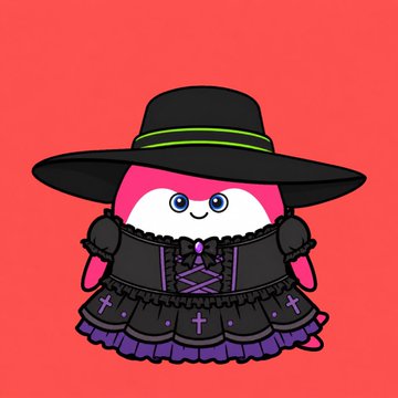 A chubby pink character wearing a black wide-brimmed hat with a green band, a black dress with purple trim and cross details, and lace-up corset front is displayed against a red background. The cute, gothic-style illustration serves as promotional artwork for the @BabyOrcaX NFT giveaway, featuring one of the 7,777 unique baby orca characters from the collection.
