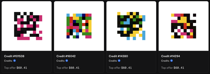 Four NFT credit listings displayed on a dark interface, showing colorful pixelated square artwork with credit numbers #101538, #16042, #14380, and #14294, each with a "Top offer $80.41."