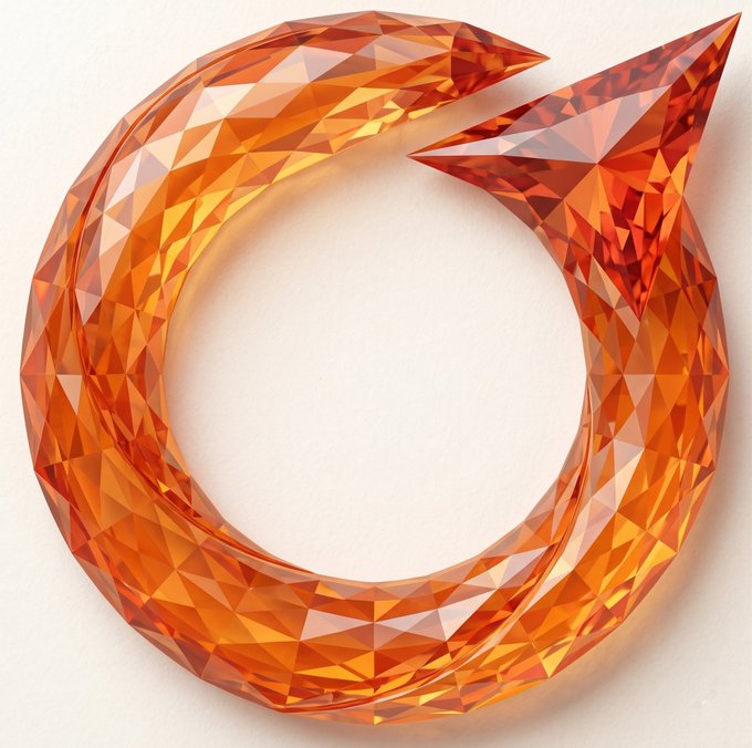 A 3D-rendered orange circular arrow with a faceted, crystalline texture on a white background.