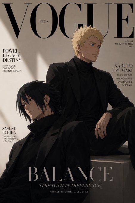 A Vogue magazine cover featuring anime characters Naruto Uzumaki ('The homage who carries everyone's dreams') and Sasuke Uchiha ('The shadow that protects in silence'), with the headline 'POWER. LEGACY. DESTINY. Two icons, one bond, eternal impact,' 'Vol. 07 Summer Edition 2024,' and 'BALANCE - Strength in difference. Rivals. Brothers. Legends.'