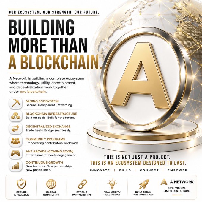 A promotional graphic titled "BUILDING MORE THAN A BLOCKCHAIN" advertises "A Network" with features like mining, decentralized exchange, and community programs.