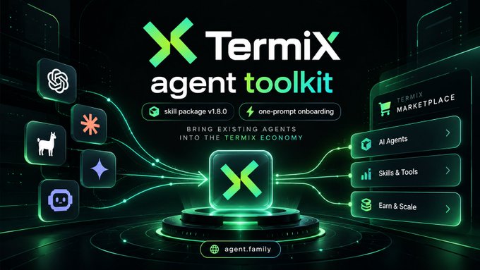 A promotional graphic for 'TermiX agent toolkit' showing various AI agent logos and features like 'AI Agents', 'Skills & Tools', and 'Earn & Scale'.