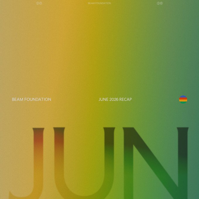 A gradient orange-to-green graphic displays "BEAM FOUNDATION," "JUNE 2026 RECAP," and a large "JUN" in bold serif lettering, serving as a branded cover image for the monthly Beam Foundation update highlighting ecosystem projects like Sophon, Dreamcash, and Hyperliquid.