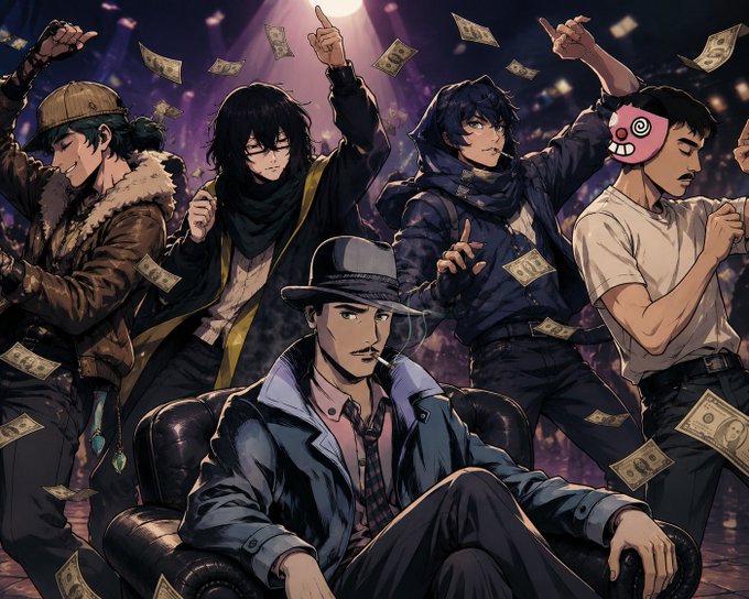Anime-style illustration of five stylish characters posing together surrounded by floating dollar bills, with a central figure in a dark suit and fedora sitting confidently in the foreground.