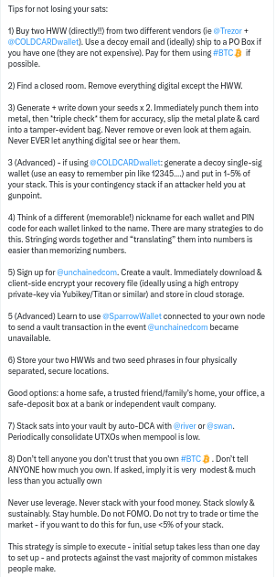 A list titled 'Tips for not losing your sats' with numbered recommendations including buying two HWWs from different vendors (Trezor, COLDCARDwallet), using decoy emails, creating 'triple check' seeds, generating decoy single-sig wallets, signing up for unchained.com, using SparrowWallet with a node, storing recovery phrases in separate locations, using Swan for UTXO consolidation, and avoiding leverage, stacking sats slowly, and FOMO.