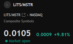 The image shows a NASDAQ stock ticker for LITS/MSTR (MicroStrategy) trading at $0.0105, up $0.0009 or +9.81%, with the market open. The caption connects to the post about "Rotation into Litecoin treasuries" by noting MicroStrategy's MSTR ticker movement as a potential parallel indicator of corporate treasury rotation strategies into cryptocurrencies like Litecoin.