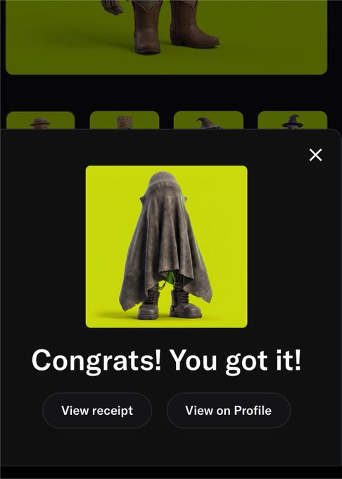 A confirmation screen displays "Congrats! You got it!" over a 3D character wearing a gray hooded cloak and brown boots on a yellow background, with buttons for "View receipt" and "View on Profile." This relates to the post as it shows the successful minting of the "RobinWifHat" NFT.