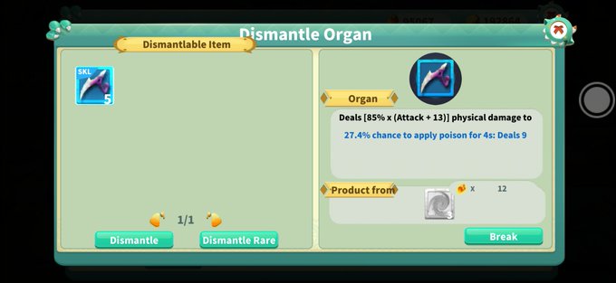 A game interface screen titled 'Dismantle Organ' showing a dismantlable SRL item on the left and item details on the right, including stats like 'Deals [85% x (Attack + 13)] physical damage' and '27.4% chance to apply poison for 4s'.