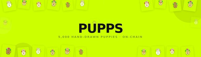 A bright green promotional graphic for "PUPPS" featuring hand-drawn puppy characters, advertising a 5,000 hand-drawn puppies on-chain collection with a giveaway for 25 guaranteed whitelist spots on the Robinhood chain.