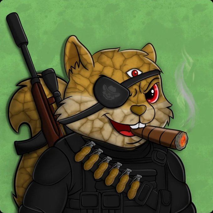 A cartoon-style illustration of an anthropomorphic squirrel wearing an eyepatch and tactical gear, smoking a cigar with a gun strapped to its back.