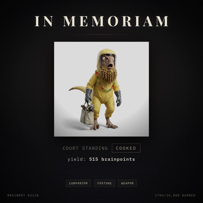 An 'IN MEMORIAM' graphic for 'BRAINROT #3138' featuring a bizarre figure in a yellow hazmat suit with a skull-like mask, noting '1704/10,000 BURNED' and 'COURT STANDING: COOKED'.